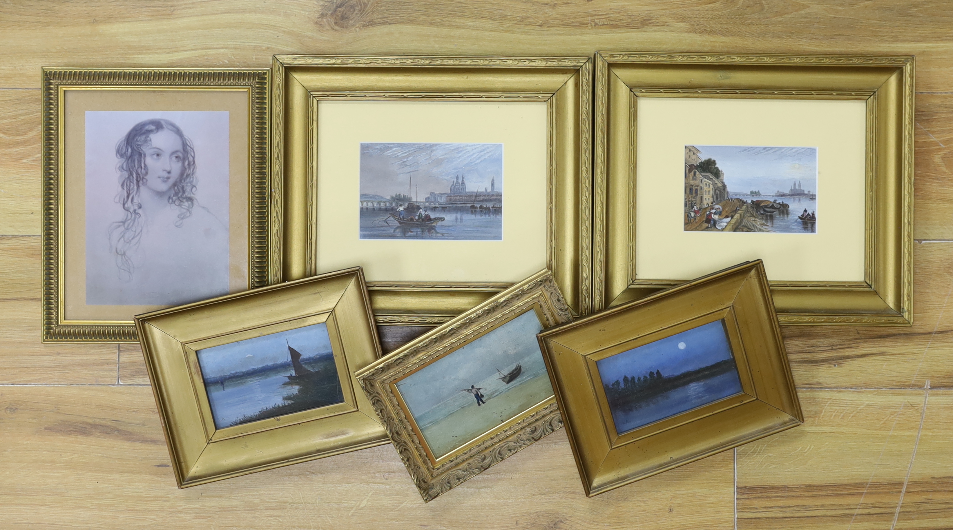 Lawrence Van Ackerman, pair of oils, Moonlit river landscapes, together with a pair of Grand Tour watercolours, a small oil on board, Coastal view and a print of a lady, largest 10 x 15cm (6)